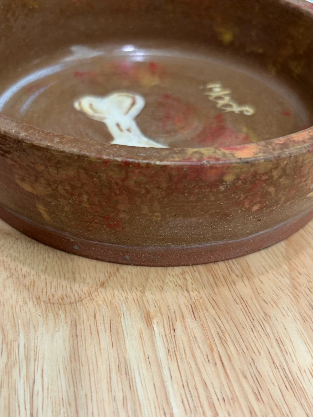 Hand-Thrown Pottery Dog Dish – Earthy Brown Ceramic Pet Bowl with Bone Accent